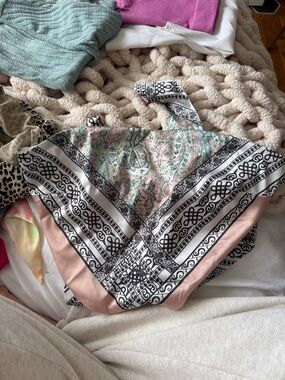 superdown Satin Paisley Square Scarf in Blush Pink and Mint